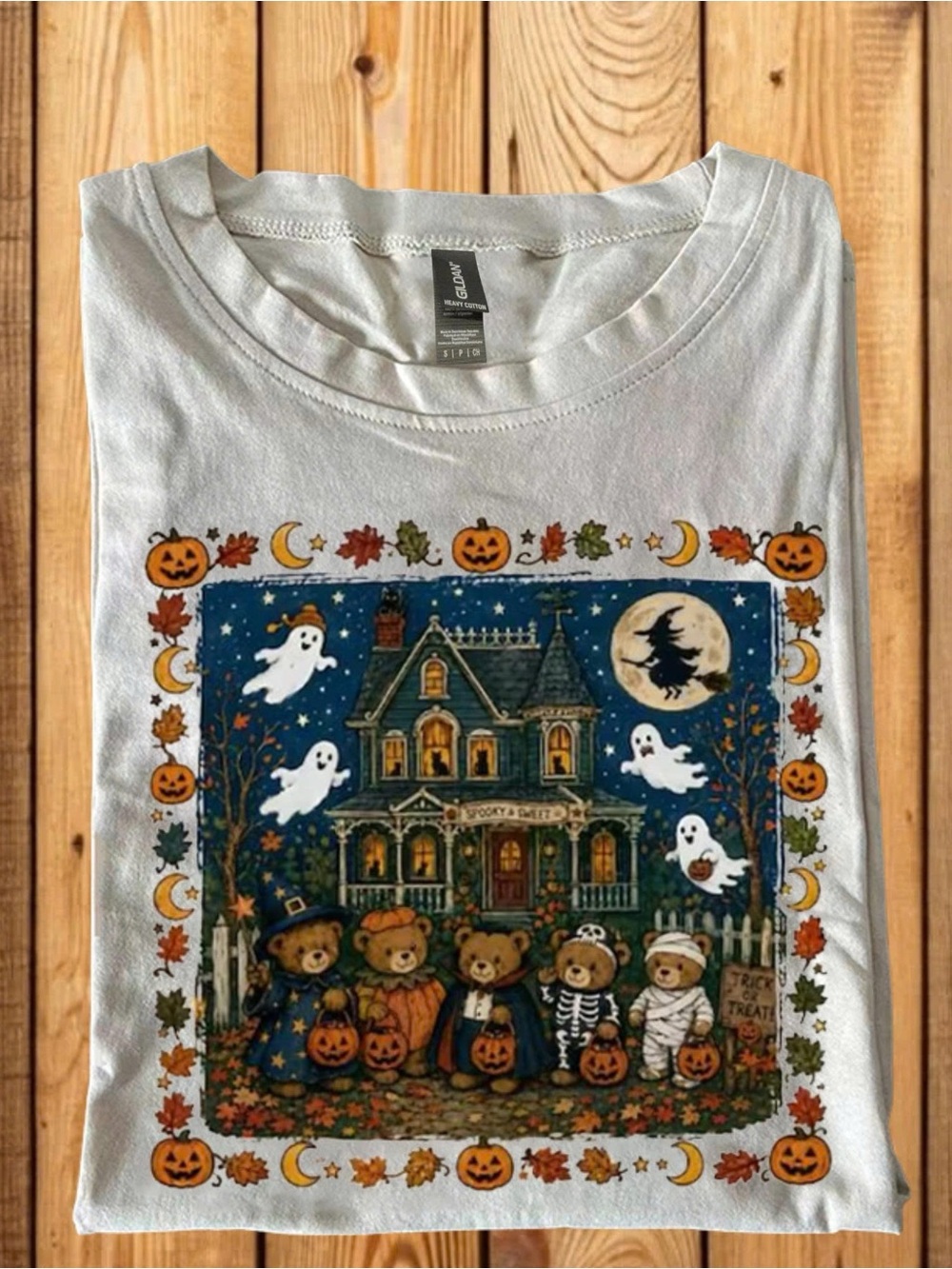 White Halloween Graphic Tee - Cute Bears & Haunted House